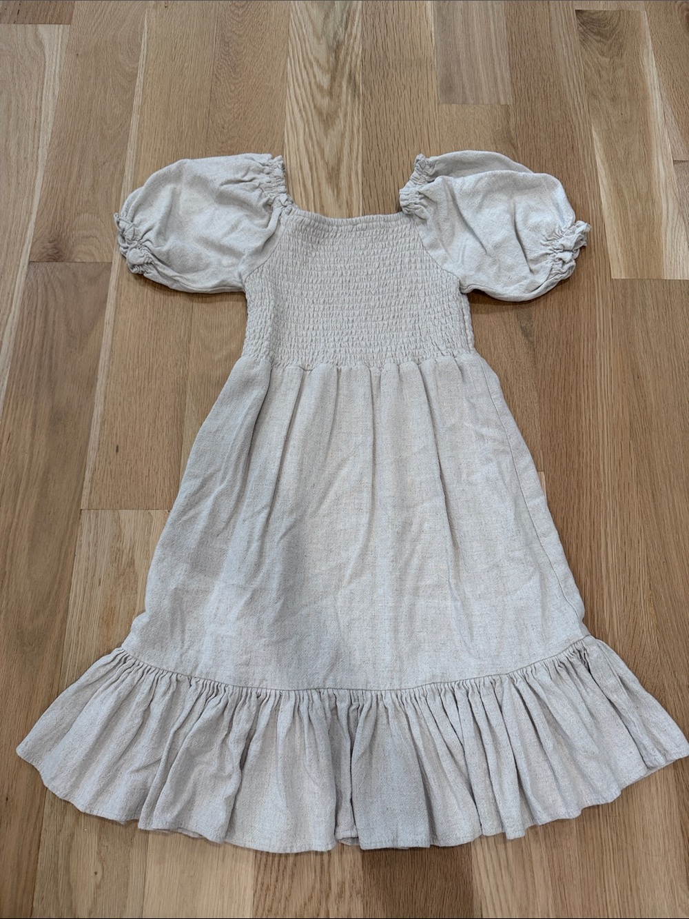 Chelsea & Violet Cream Puff-Sleeve Smocked Ruffle Dress